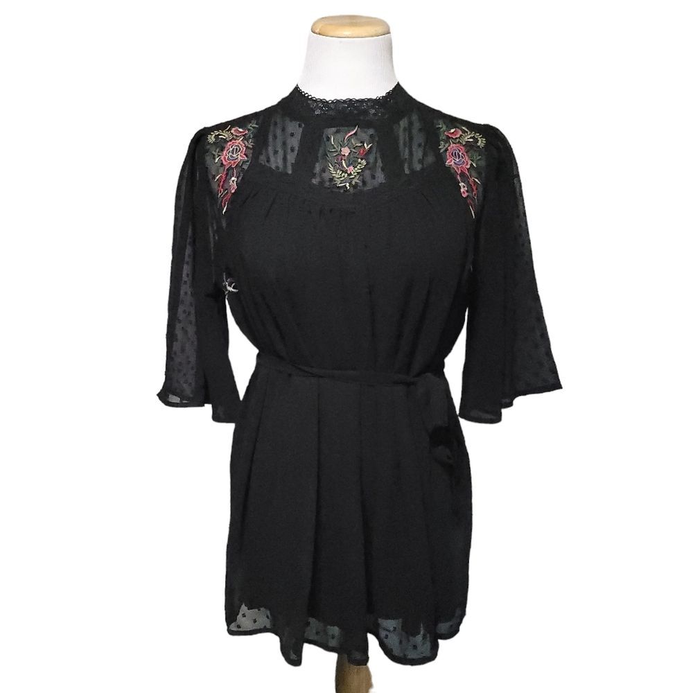 ASOS Mama licious Black Embroidered Dobby Spot Boho Lace Insert Blouse Medium